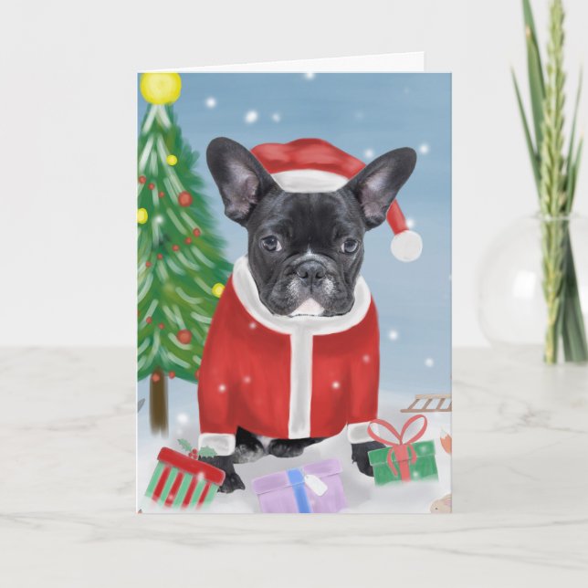 French Bulldog  in Snow with Christmas Gifts  Card (Front)