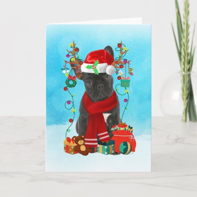 French Bulldog in snow with Christmas gifts  Card (Front)