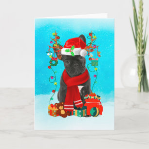 French Bulldog in snow with Christmas gifts Card