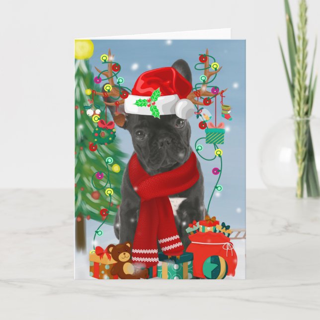 French Bulldog  in Snow with Christmas Gifts  Card (Front)