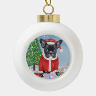 French Bulldog  in Snow with Christmas Gifts  Ceramic Ball Christmas Ornament