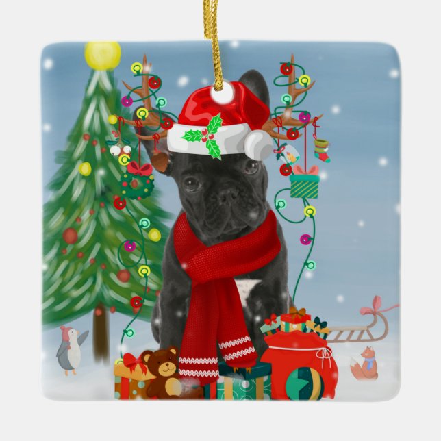 French Bulldog  in Snow with Christmas Gifts  Ceramic Ornament (Front)