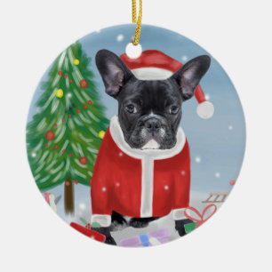 French Bulldog in Snow with Christmas Gifts Ceramic Tree Decoration