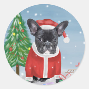 French Bulldog  in Snow with Christmas Gifts  Classic Round Sticker
