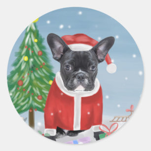 French Bulldog in Snow with Christmas Gifts Classic Round Sticker