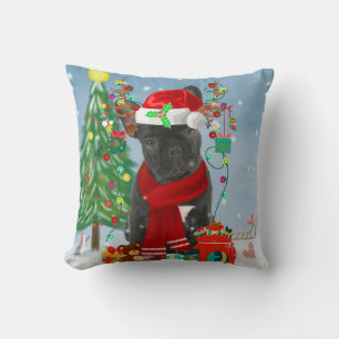French Bulldog in Snow with Christmas Gifts Cushion