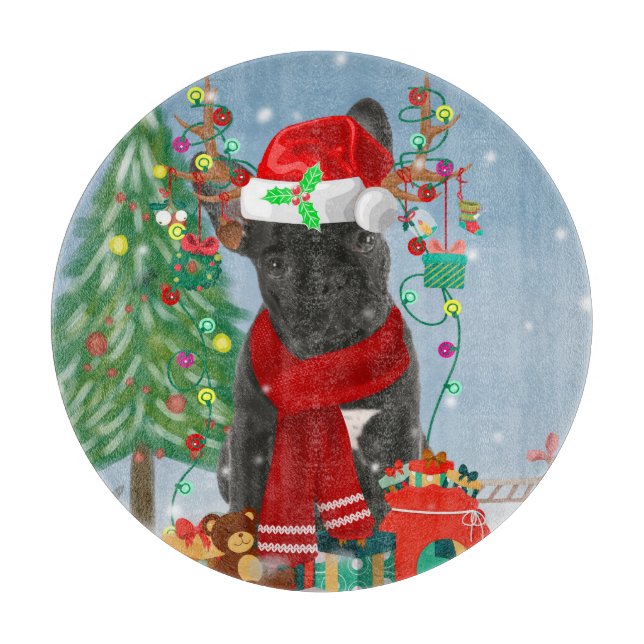 French Bulldog  in Snow with Christmas Gifts Cutting Board (Front)