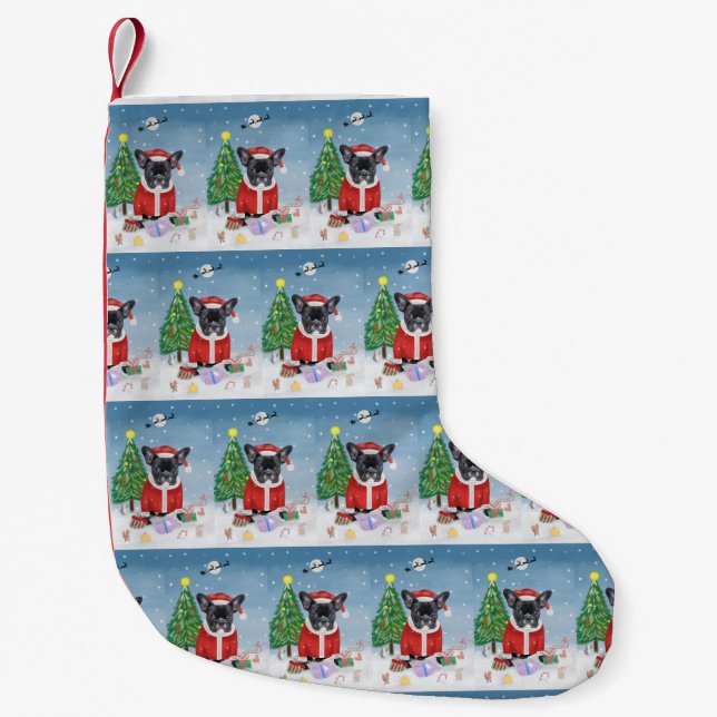 French Bulldog  in Snow with Christmas Gifts  Small Christmas Stocking (Front)
