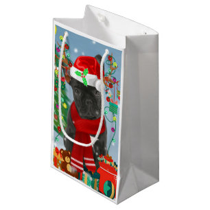 French Bulldog  in Snow with Christmas Gifts  Small Gift Bag