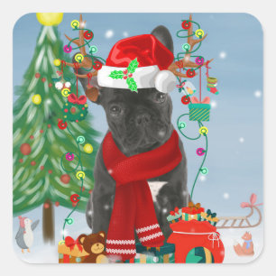 French Bulldog in Snow with Christmas Gifts Square Sticker