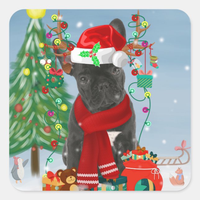 French Bulldog  in Snow with Christmas Gifts  Square Sticker (Front)