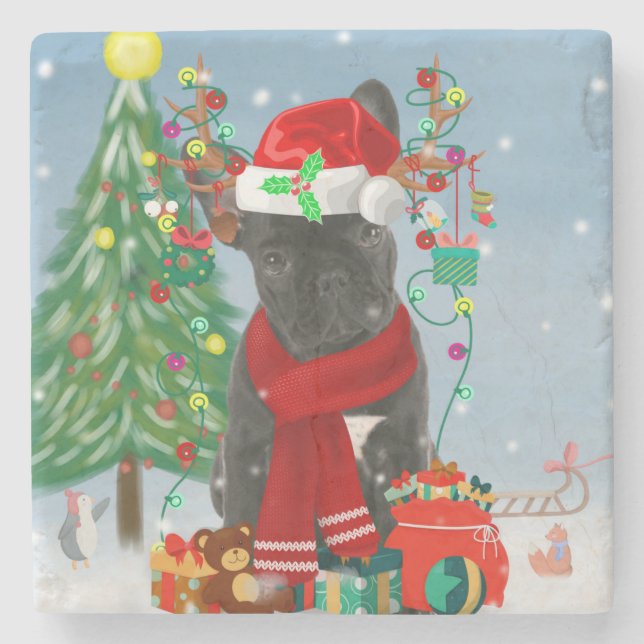 French Bulldog  in Snow with Christmas Gifts  Stone Coaster (Front)