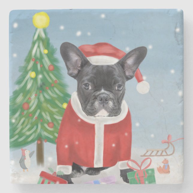 French Bulldog  in Snow with Christmas Gifts  Stone Coaster (Front)