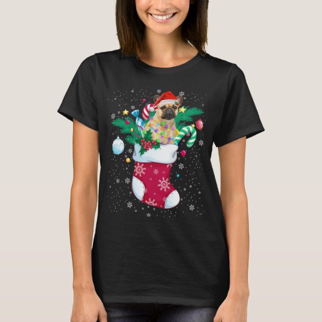 French Bulldog In Sock Funny Christmas Pajama Sant T-Shirt (Front)