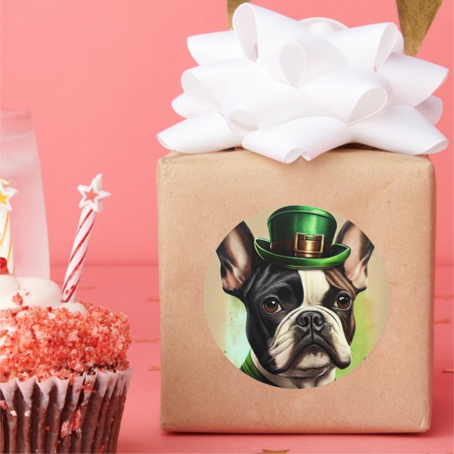 French Bulldog in St. Patrick's Day Dress Classic Round Sticker (Party)