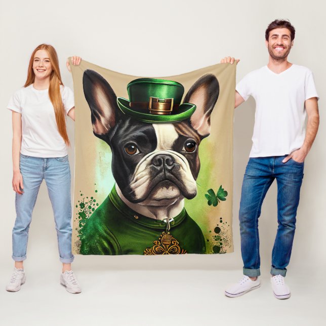 French Bulldog in St. Patrick's Day Dress Fleece Blanket (In Situ)