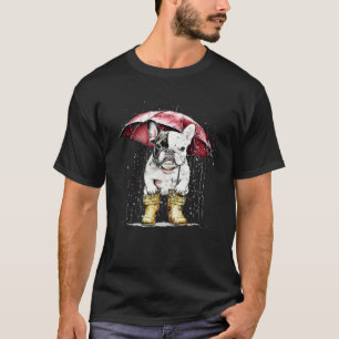 French bulldog in the rain with booties and red um T-Shirt
