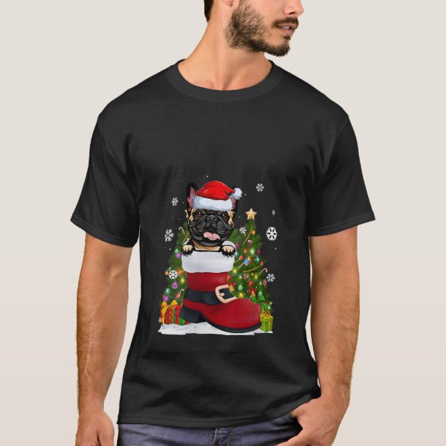 French Bulldog in the Shoe Santa Hat Ugly Christma T-Shirt (Front)