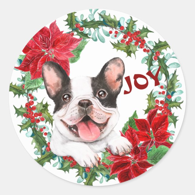 French Bulldog Joy Poinsettia Christmas Wreath Classic Round Sticker (Front)