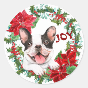 French Bulldog Joy Poinsettia Christmas Wreath Classic Round Sticker