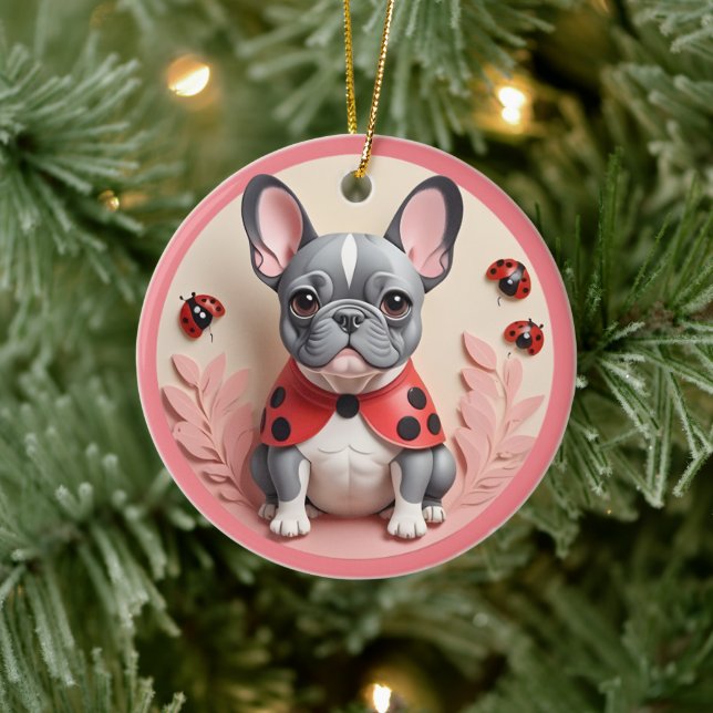 French Bulldog Ladybug Pastel Paper Cutting Art Ceramic Tree Decoration (Tree)