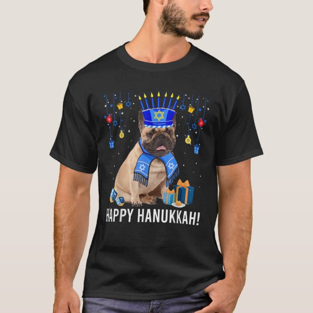 French Bulldog Menorah Hat Christmas Happy Hanukka T-Shirt (Front)