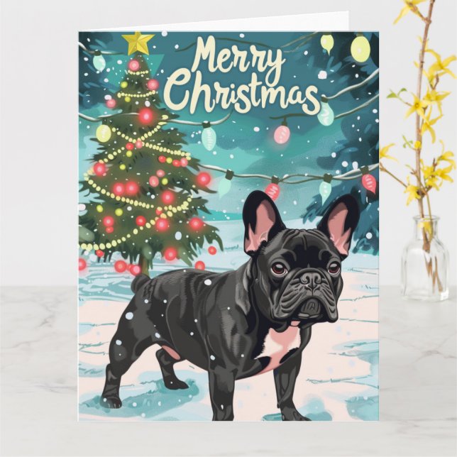 French Bulldog Merry Christmas Card (Yellow Flower)