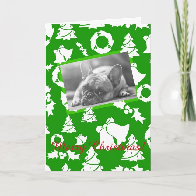 French Bulldog Merry Christmas Tree Wreath Bells Holiday Card (Front)
