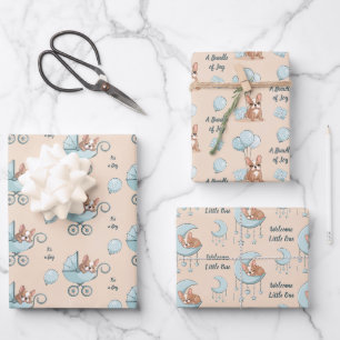 French Bulldog Moon Balloon Pram Boy Baby Shower Wrapping Paper Sheet