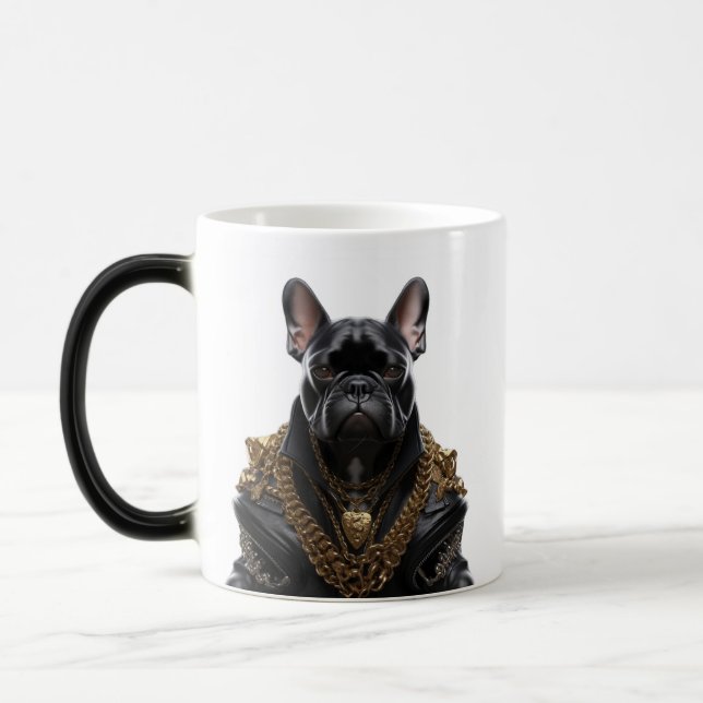 French Bulldog Motorcycle Jacket and Gold chains Magic Mug (Left)