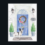 French Bulldog Moving Announcement Postcard<br><div class="desc">Announce your new address with our stylish announcement featuring a Black and white French Bulldog,  blue front door,  welcome mat,  slate sign,  topiaries and a floral wreath set on a grey brick background.</div>