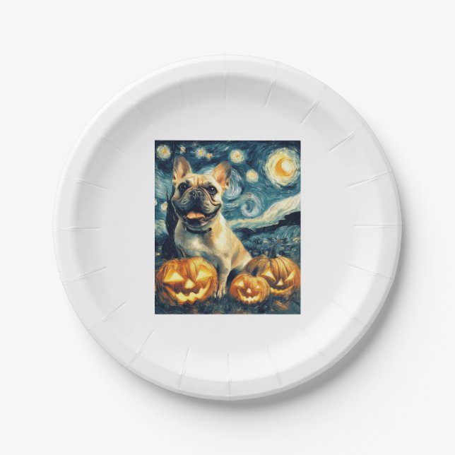 French Bulldog of van gogh starry night halloween  Paper Plate (Front)