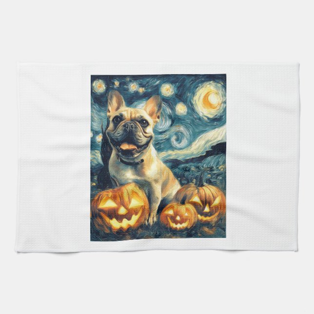 French Bulldog of van gogh starry night halloween  Tea Towel (Horizontal)