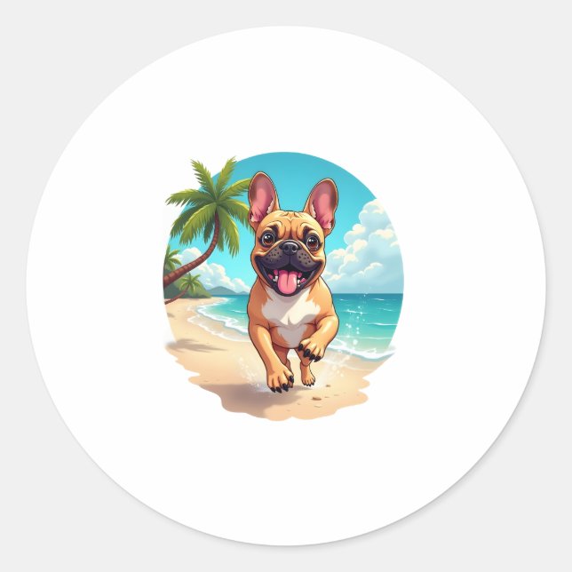 French Bulldog on a Beach Classic Round Sticker (Front)