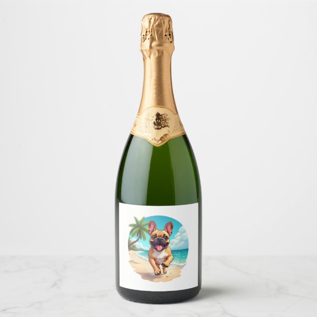 French Bulldog on a Beach Sparkling Wine Label (Front)