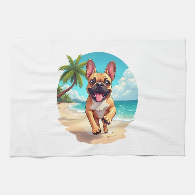 French Bulldog on a Beach Tea Towel (Horizontal)