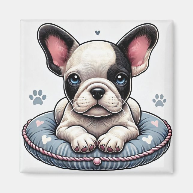 French Bulldog on a Heart-Themed Cushion Magnet (Front)
