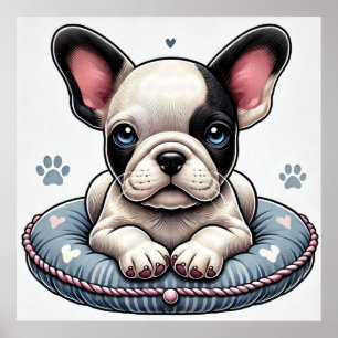 French Bulldog on a Heart-Themed Cushion Poster