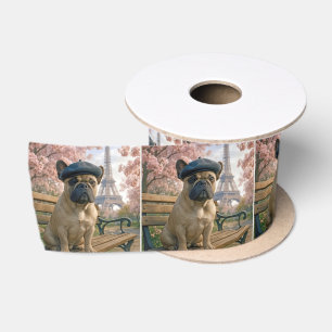 French Bulldog On a Paris Park Bench Satin Ribbon