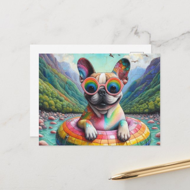 French Bulldog on a Rainbow Colour Float Postcard (Front/Back In Situ)