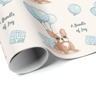 French Bulldog on Balloon Blue Boy Baby Shower Wrapping Paper