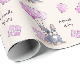 French Bulldog on Balloon Pink Girl Baby Shower Wrapping Paper