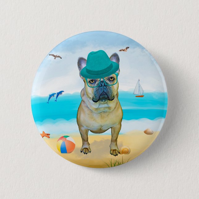 French Bulldog on Beach 6 Cm Round Badge (Front)