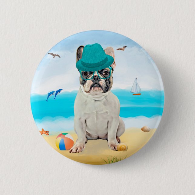 French Bulldog on Beach 6 Cm Round Badge (Front)