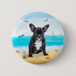 French Bulldog on Beach 6 Cm Round Badge