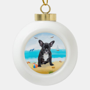 french bulldog on Beach  Ceramic Ball Christmas Ornament