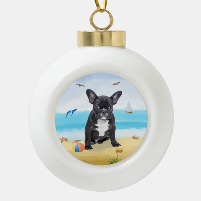 french bulldog on Beach  Ceramic Ball Christmas Ornament (Front)