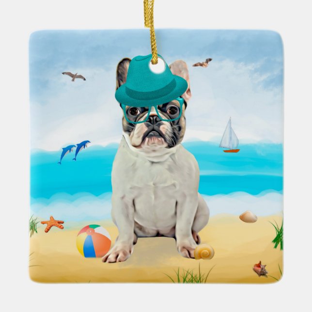 French Bulldog on Beach Ceramic Ornament (Front)