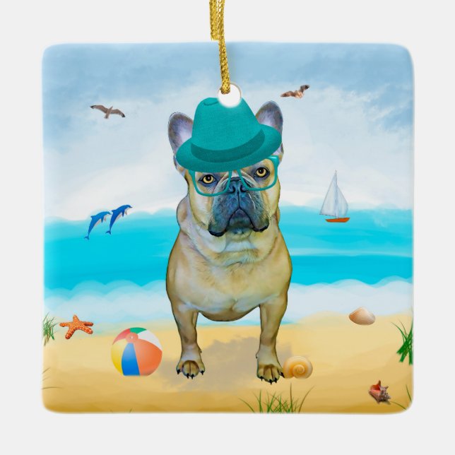 French Bulldog on Beach Ceramic Ornament (Front)