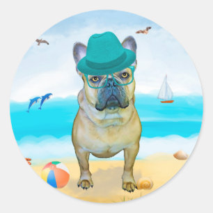 French Bulldog on Beach Classic Round Sticker